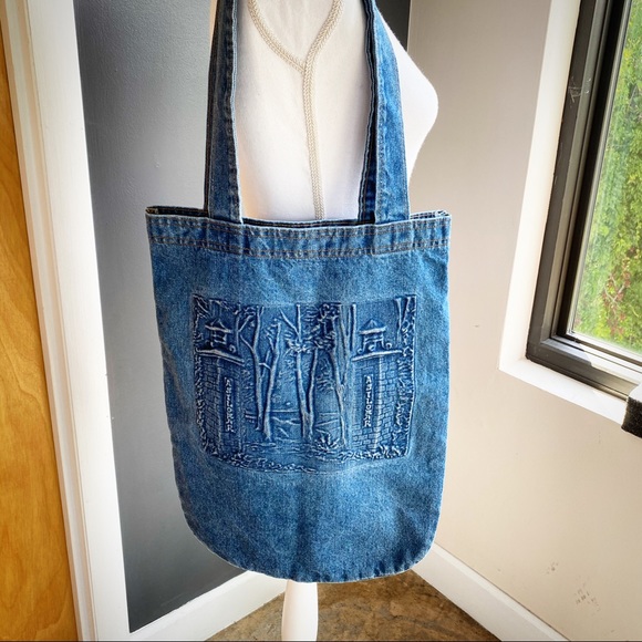 Vintage Handbags - Vintage TYCA Embossed Denim Asian Garden Tote Bag